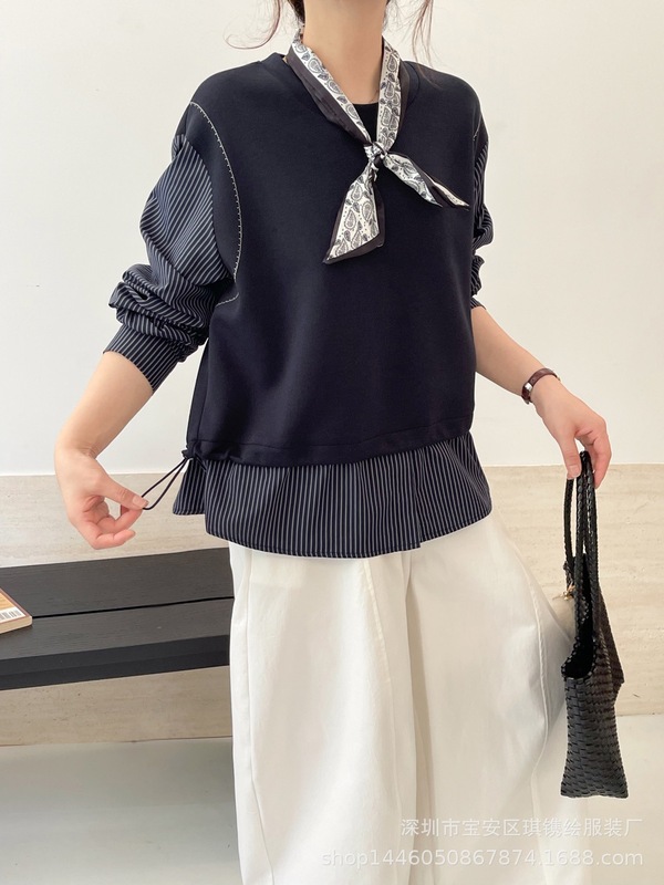 琪镌绘制早秋2025新款高级条纹衬衫拼接假两件女装长袖卫衣85173|undefined