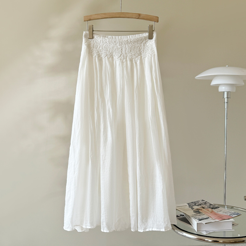 Endi New Chinese Style National Style Embroidered A- Line Skirt High-Level Summer White Ramie French Fairy Dress