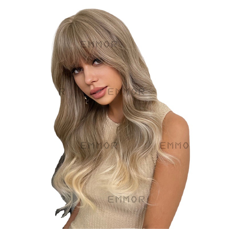 Nueva llegada negro marrón gris multicolor aire flequillo onda grande Pelo Rizado largo europeo y americano peluca femenina cabeza completa cubierta