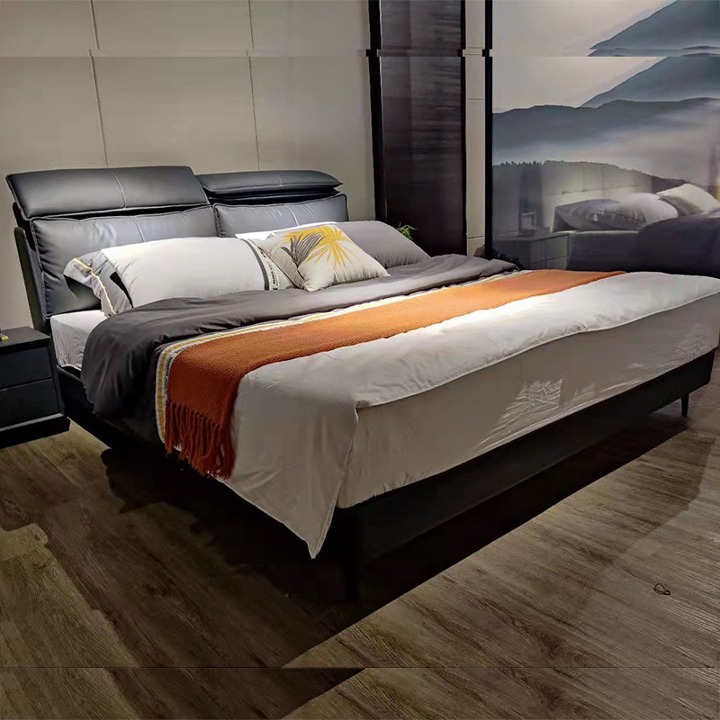 Italian Minimalist Small-Space Leather Headboard Adjustable Double Master Bedroom Sofa Bed Wedding Bed Same as Physical Version