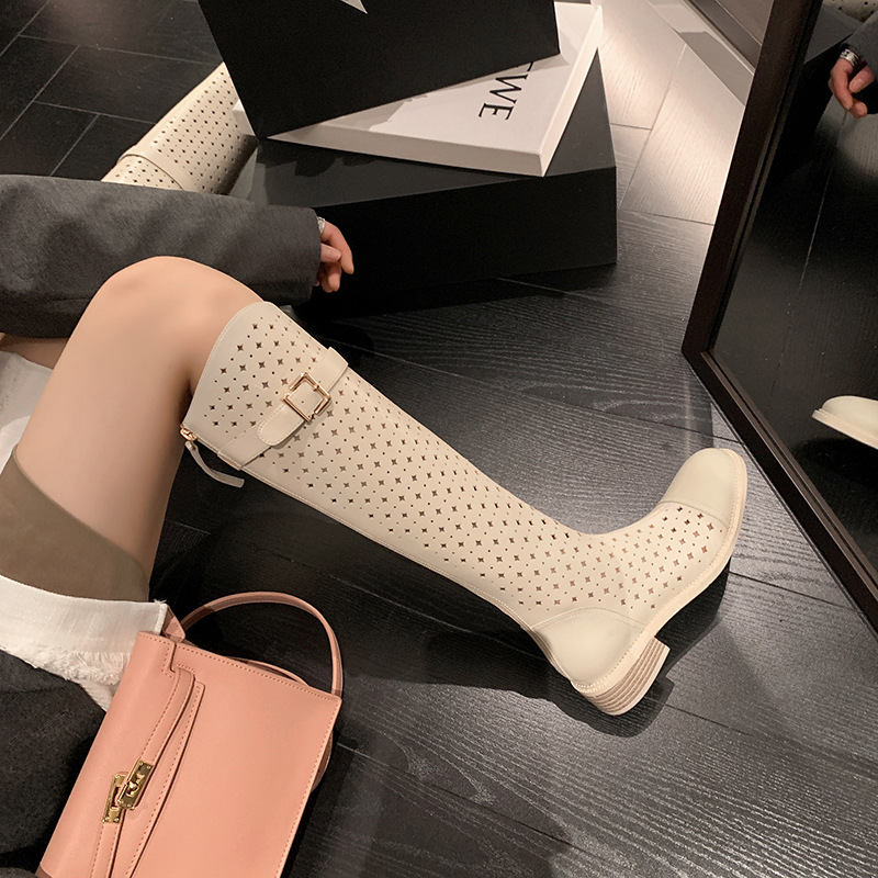 Boot nữ cổ cao rỗng dạng lưới, phong cách hè, ống cao thoáng khí — Màu đen