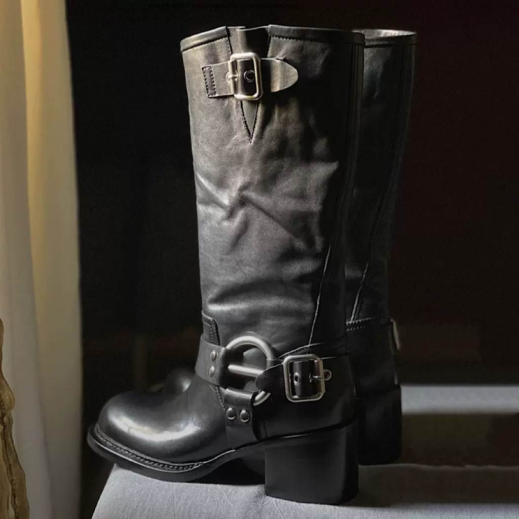 2025冬季款法式骑士靴工程师靴宽筒显瘦修饰腿型高筒靴子长筒靴女