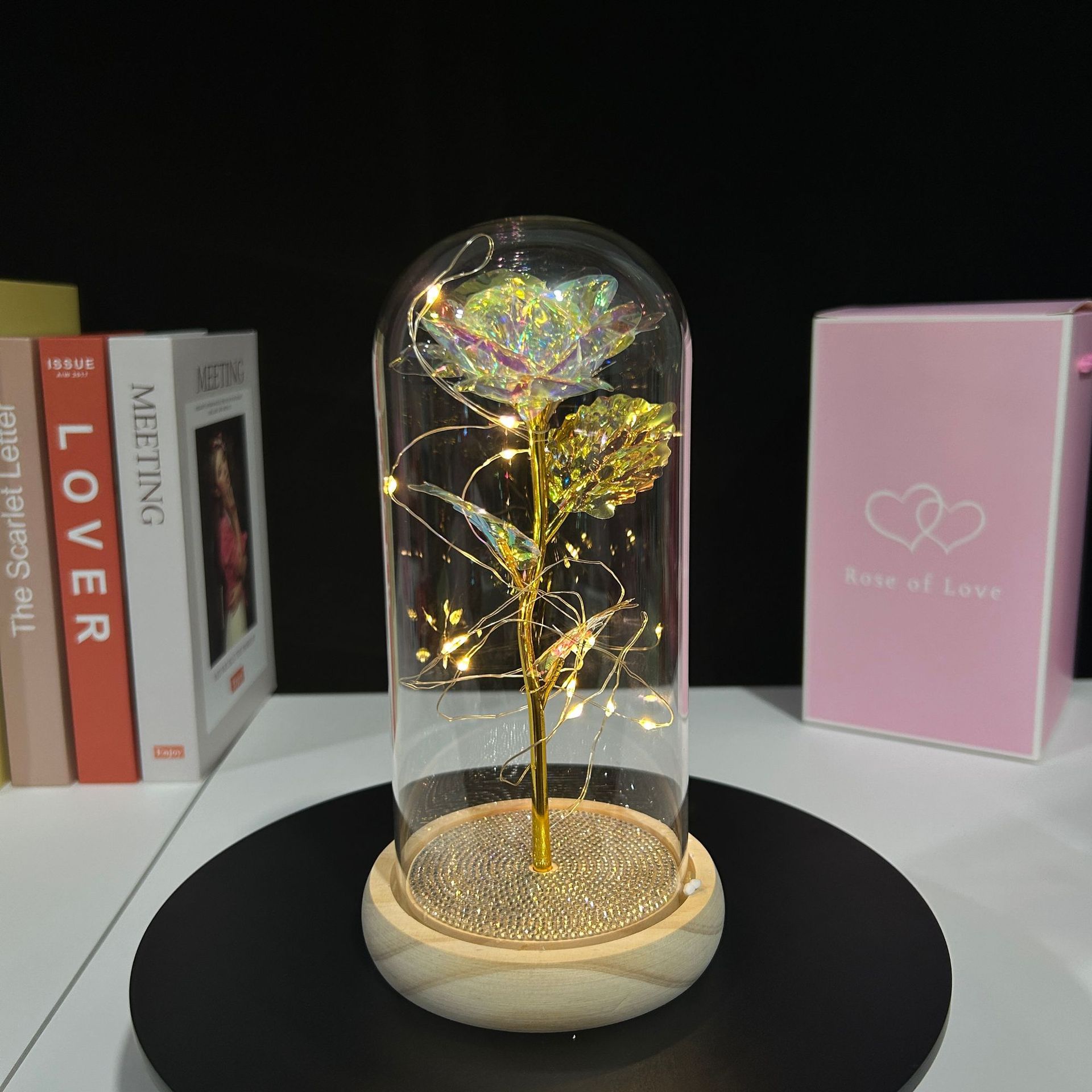 Adorno de cúpula de cristal con flor preservada, rosa seca en caja de regalo, regalo creativo para el Día de San Valentín, Navidad, para novia