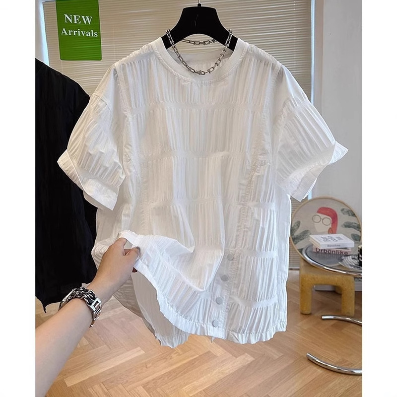 2025 New Arrival Entry Luxury Niche Design Sense Pleated Shirt Doll Shirt Top Women's Short-sleeved Loose Stylisch Shirt for Summer