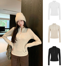 实拍秋冬新款韩版美式拉链半高领长袖t恤秋冬加绒黑色打底上衣女