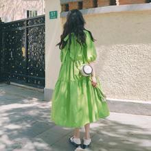 绿色森系泡泡袖连衣裙女夏小众设计2024新款法式仙女气质系带长裙