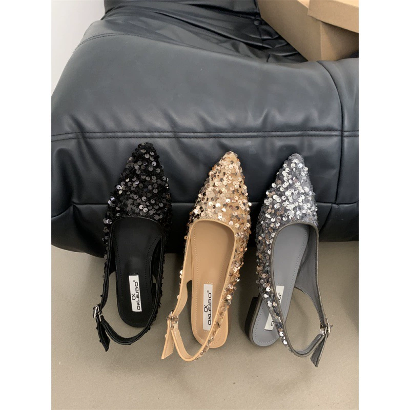 Французские нишевые сандалии высокого уровня Baotou сказочная обувь 2024 новые летние остроконечные одиночные туфли с блестками