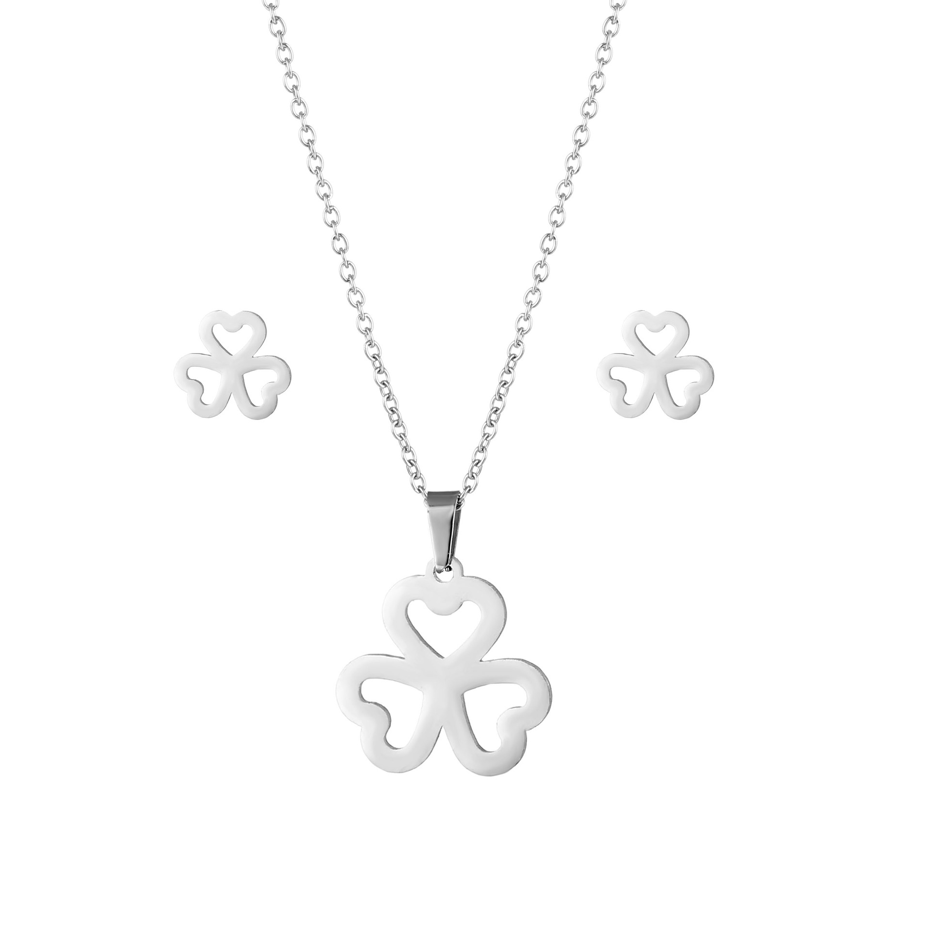 Fashion Clover Stainless Steel Necklace Earrings Set