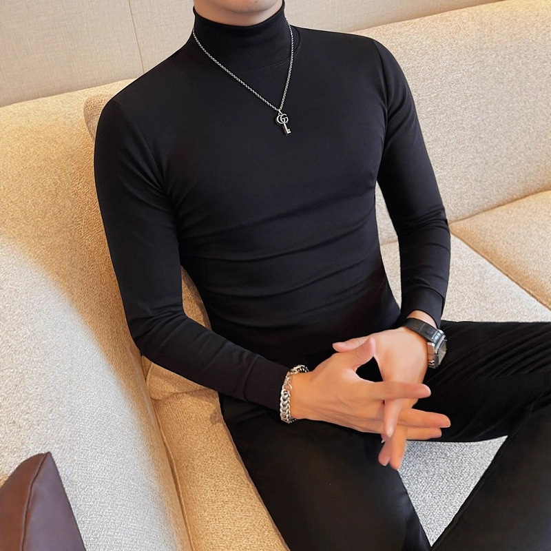 남성용 미드 칼라 긴팔 티셔츠베이스 셔츠를 대표하는 제조업체 가을 세미 하이 칼라 슬림 핏 하이 스트레치 코튼 가을 의류