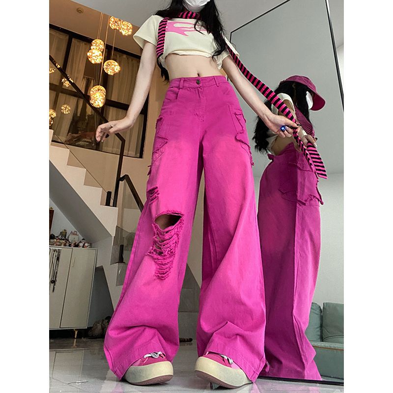 American Hot girl Rose Red Pink low waist workwear jeans women's high street vibe wind dragon fruit loose wide leg pants
