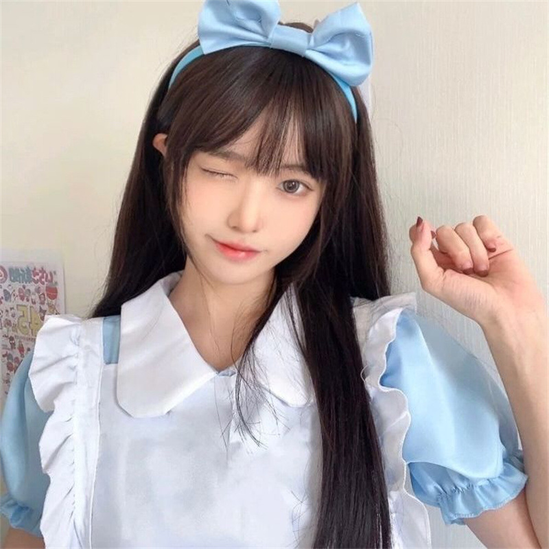 Full stock wig female black long straight hair air bangs lolita face repair natural wig full head cover in stock