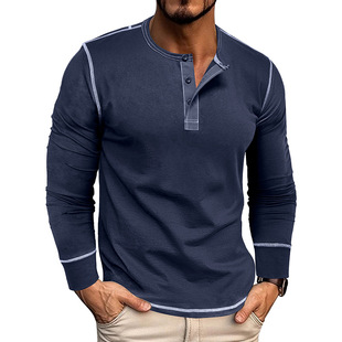 2025 Autumn and Winter Cross-Border European and American Long-Sleeved Henry Shirt Men's Round Neck T-Shirt Amazon Color Block Top T-Shirt Men's Clothing