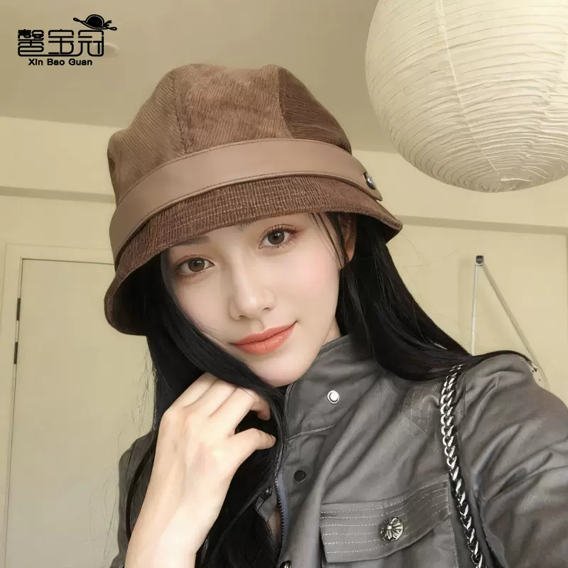 灯芯绒渔夫帽韩版百搭帽子女一帽多戴复古礼帽高级感显脸小贝雷帽