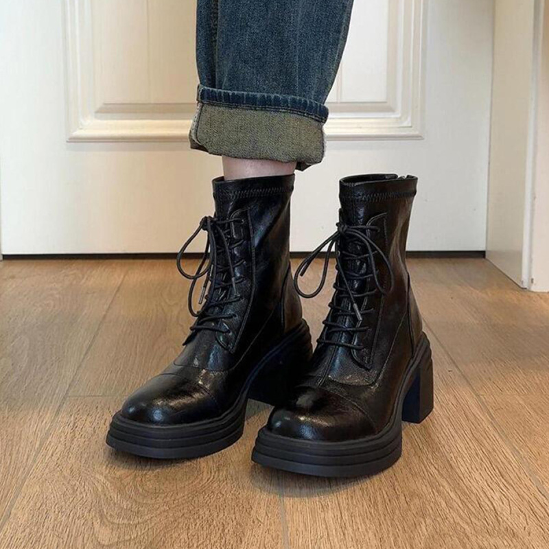 Lan Cabinet Version ~ High-Heeled Thick-Soled Versatile Elegant Boots for Women Soft Leather Waterproof Platform Lace-Up Side Zipper Elastic Short Boots