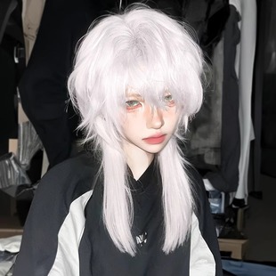 White Wolf Tail Mullet Head Wig Boys Women's Short Hair Japanese Series Cos Samurai Head Simulation Men's Full Head Cover
