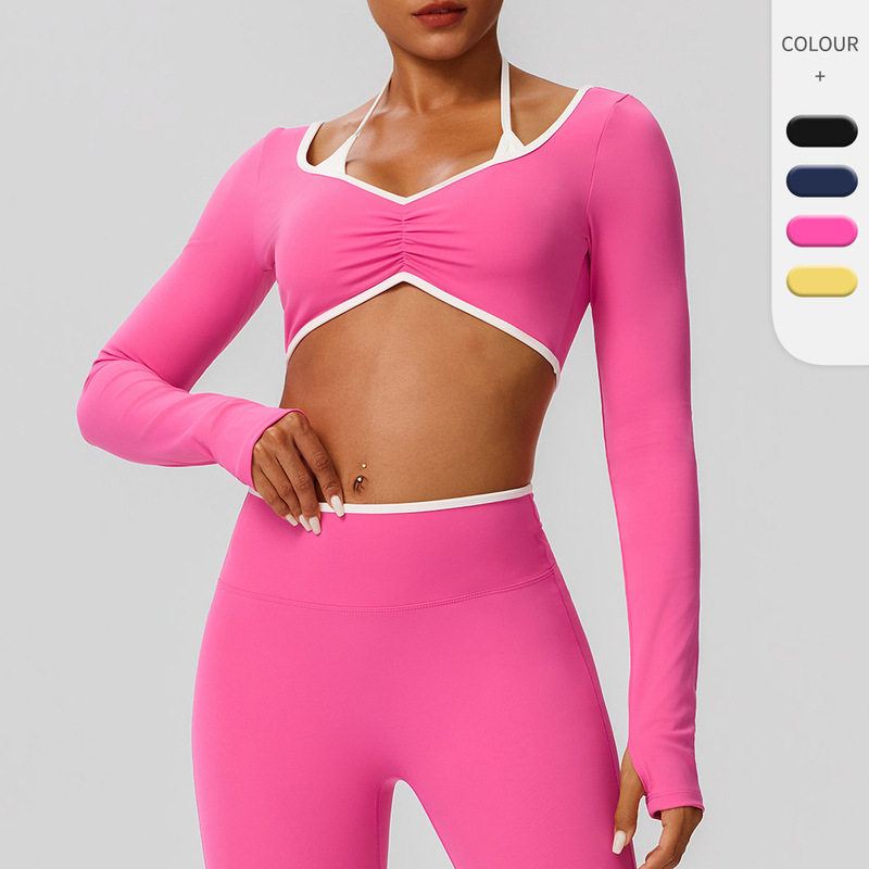 European and American Style Color-Blocking Sexy Backless Yoga Top Long-Sleeve Quick-Dry Running Sports T-Shirt Gym Wear with Chest Pads for Women European and American Style Color-Blocking Sexy Backless Yoga Top Long-Sleeve Quick-Dry Running Sports T-Shirt Gym Wear with Chest Pads for Women