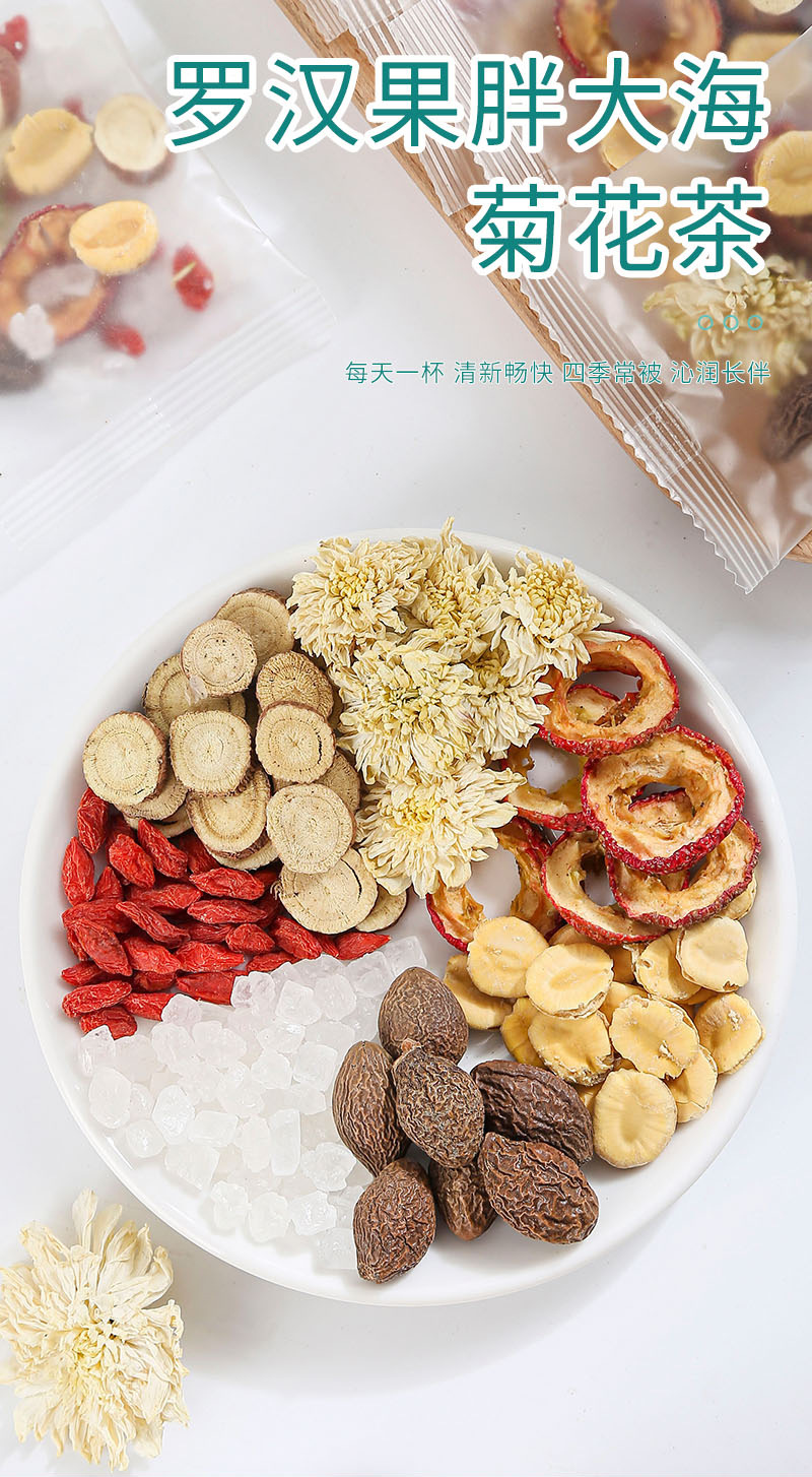 Luo Han Guo & Pang Da Hai Chrysanthemum Tea Bags — Herbal Flower Tea Blend with Goji, Hawthorn & Licorice key features