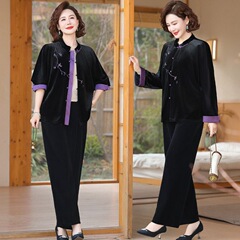 春と秋のお母さんのベルベットのスーツのファッション刺繍の2つのセット2025の新しい春の服の中高年の中国風の上着