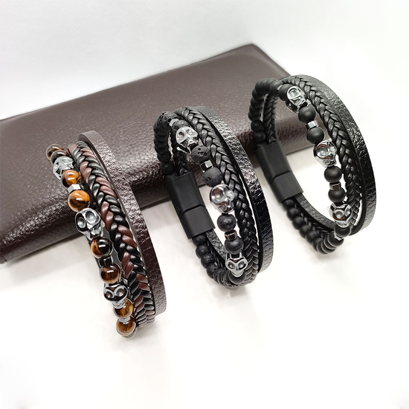 欧美跨境热销饰品编织手镯多层手工皮革虎眼手链黑胆石骷髅头手环