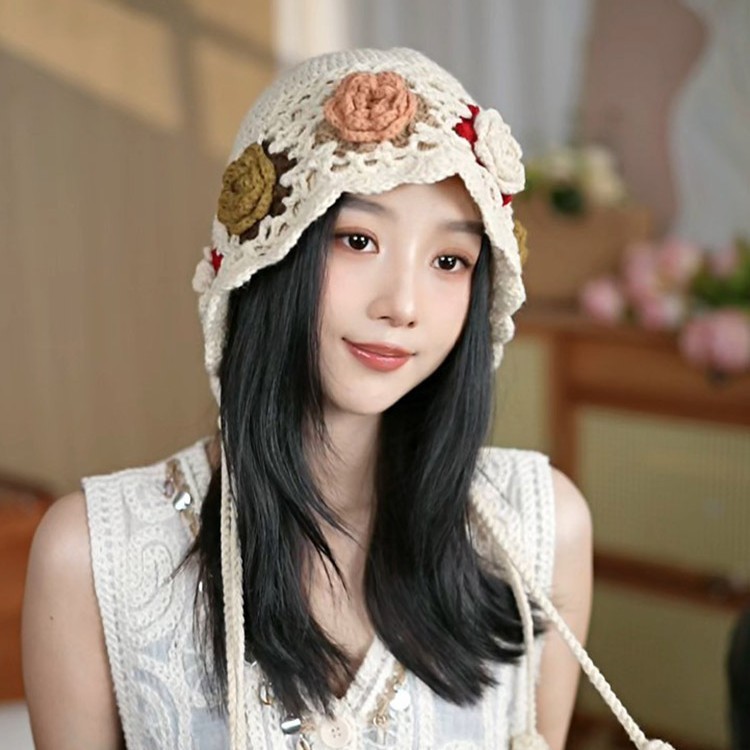 民族风手工钩花针织帽子女秋冬2025新款保暖毛线帽显脸小流苏帽女|undefined