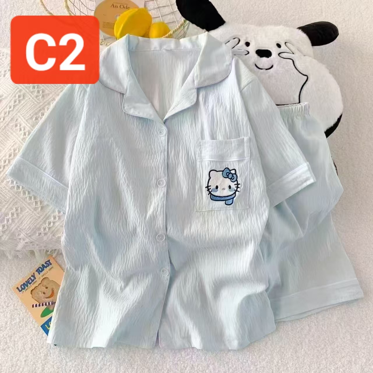 Pijamas de algodón nubes al por mayor transfronterizos de verano nuevos pantalones cortos de manga corta cardigan con solapas japonesas y coreanas de dibujos animados a cuadros