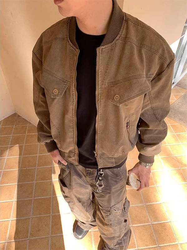 cleanfit棕色短款哈灵顿夹克美式复古工装外套男潮牌飞行员棒球服|undefined