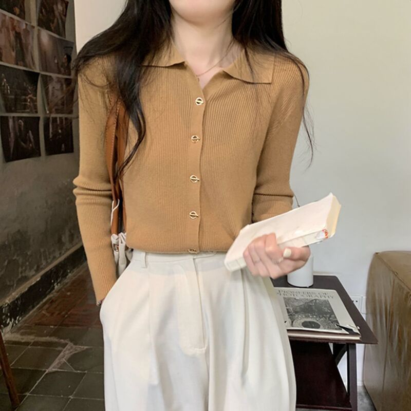 复古POLO领修身单排扣针织开衫女2025春秋季长袖气质打底显瘦外穿|undefined