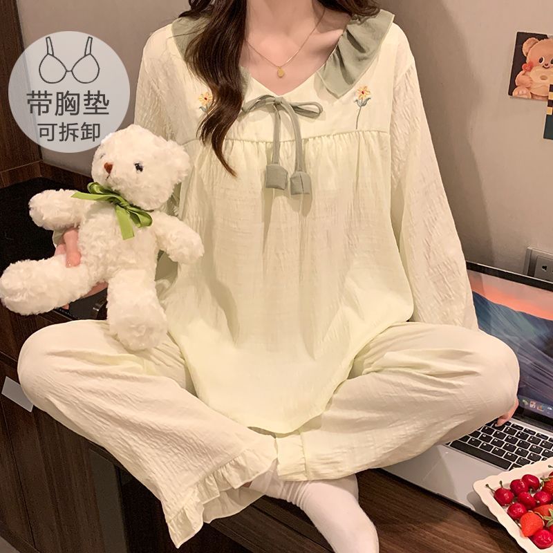 云朵棉睡衣女春秋季带胸垫长袖公主风甜美宽松大码胖mm家居服套装|undefined