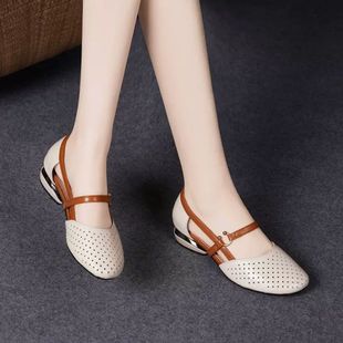 Baotou Sandals Women's 2025 New Summer Soft Leather Round Toe Soft Leather Soft Sole Fairy Style Mom Shoes Flat Women's Shoes