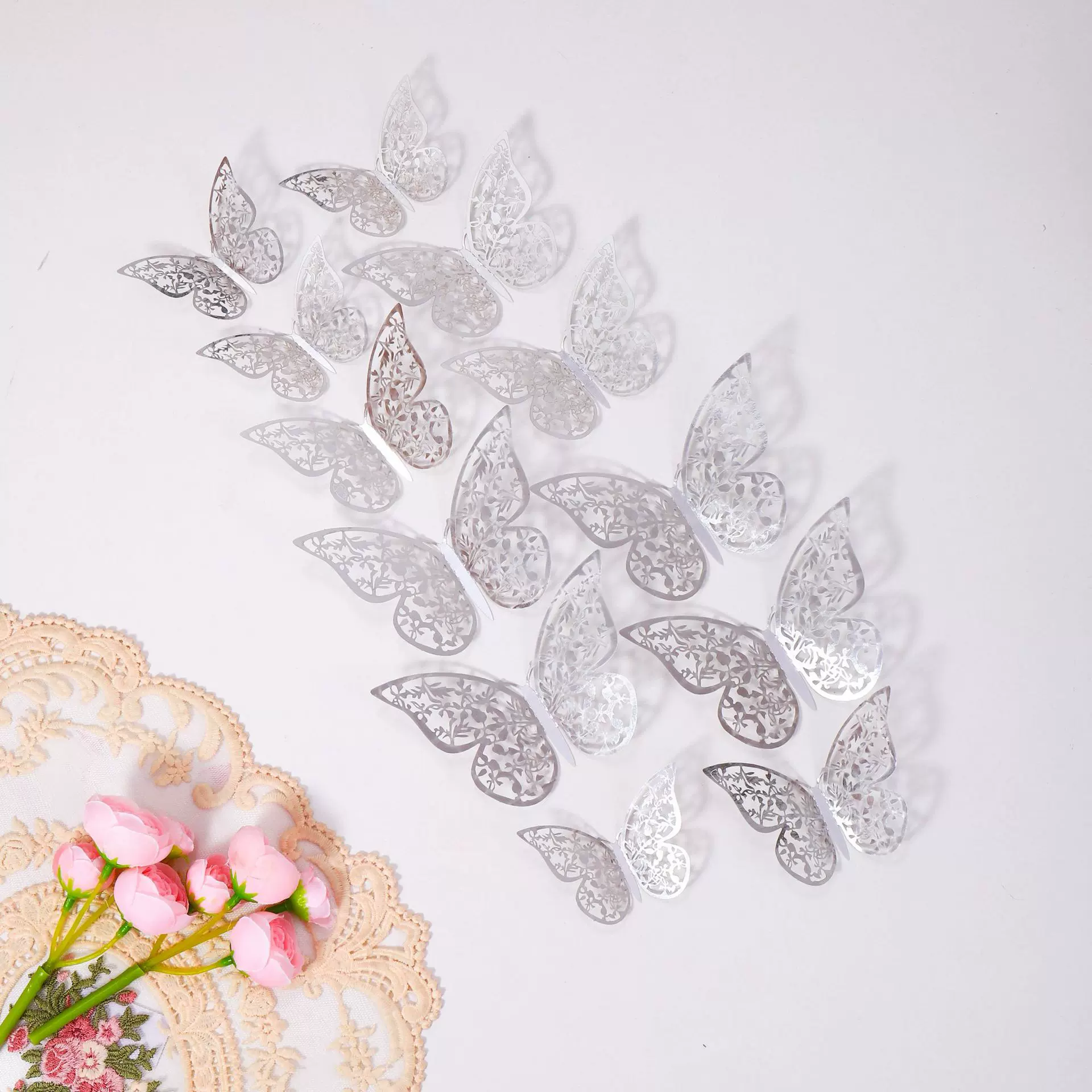 跨境镭射镂空蝴蝶墙贴3D仿真蝴蝶卧室客厅装饰贴纸蛋糕节庆饰品纸