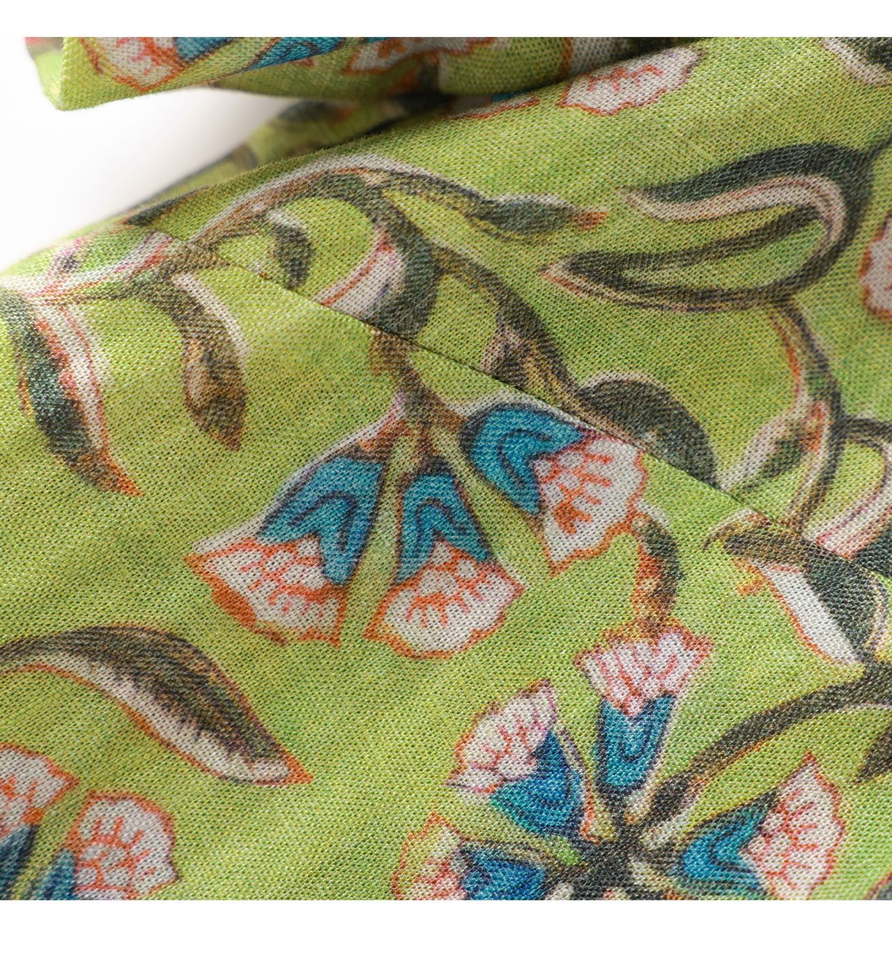 Đầm maxi nữ thắt eo tay ngắn họa tiết vintage chất lụa tơ tằm phối sợi gai — xanh lá cây chi tiết 22