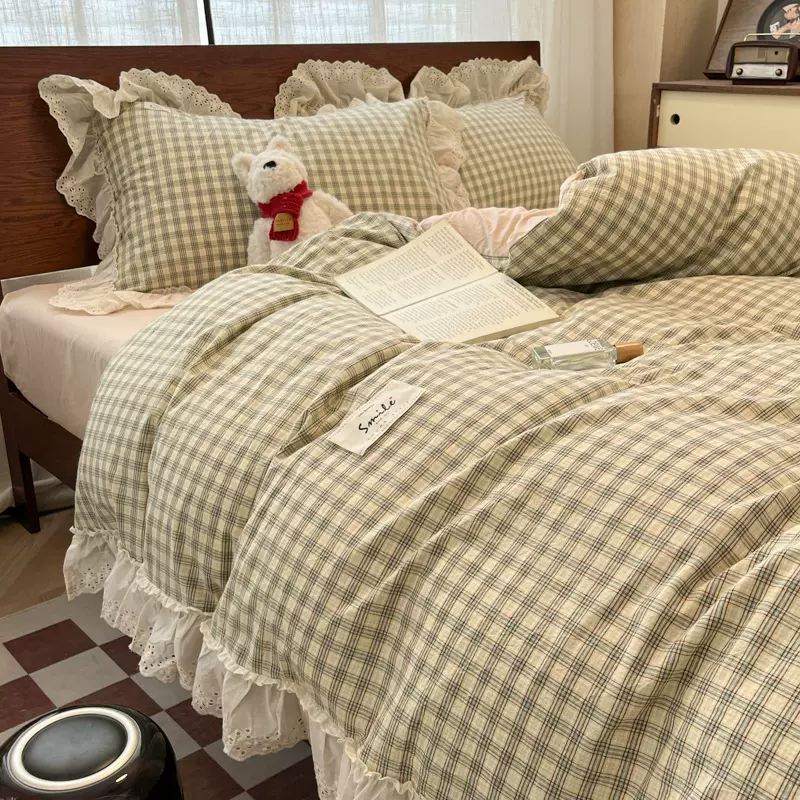 ins风 全棉水洗棉四件套简约色织提花蕾丝花边被套床单床品三件套
