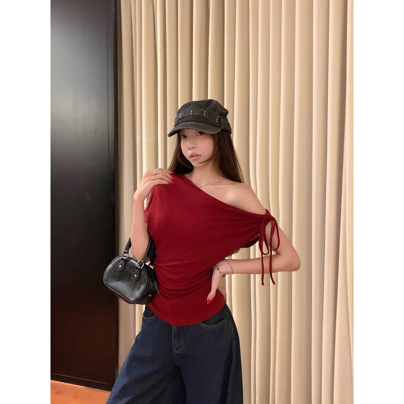 辣妹风斜肩小个子短袖T恤女夏季2025新款纯欲气质收腰系带上衣潮|undefined