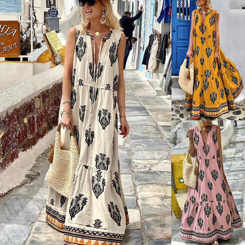 FD951 In Stock Cross-Border Women's Fashion 2025 Summer New Elegant Sleeveless Mid-Length Bohemian Print Dress_ecoleips.com
