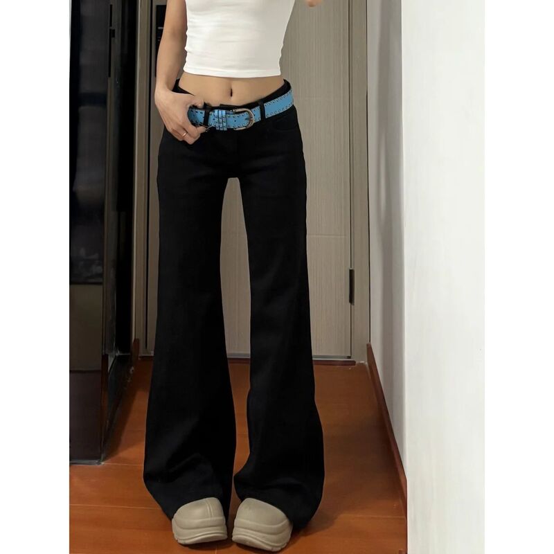 Low-Waisted Black Jeans for Women, New Slimming American Hot Girl Elastic Versatile Wide-Leg Draped Floor-Length Horseshoe Trousers