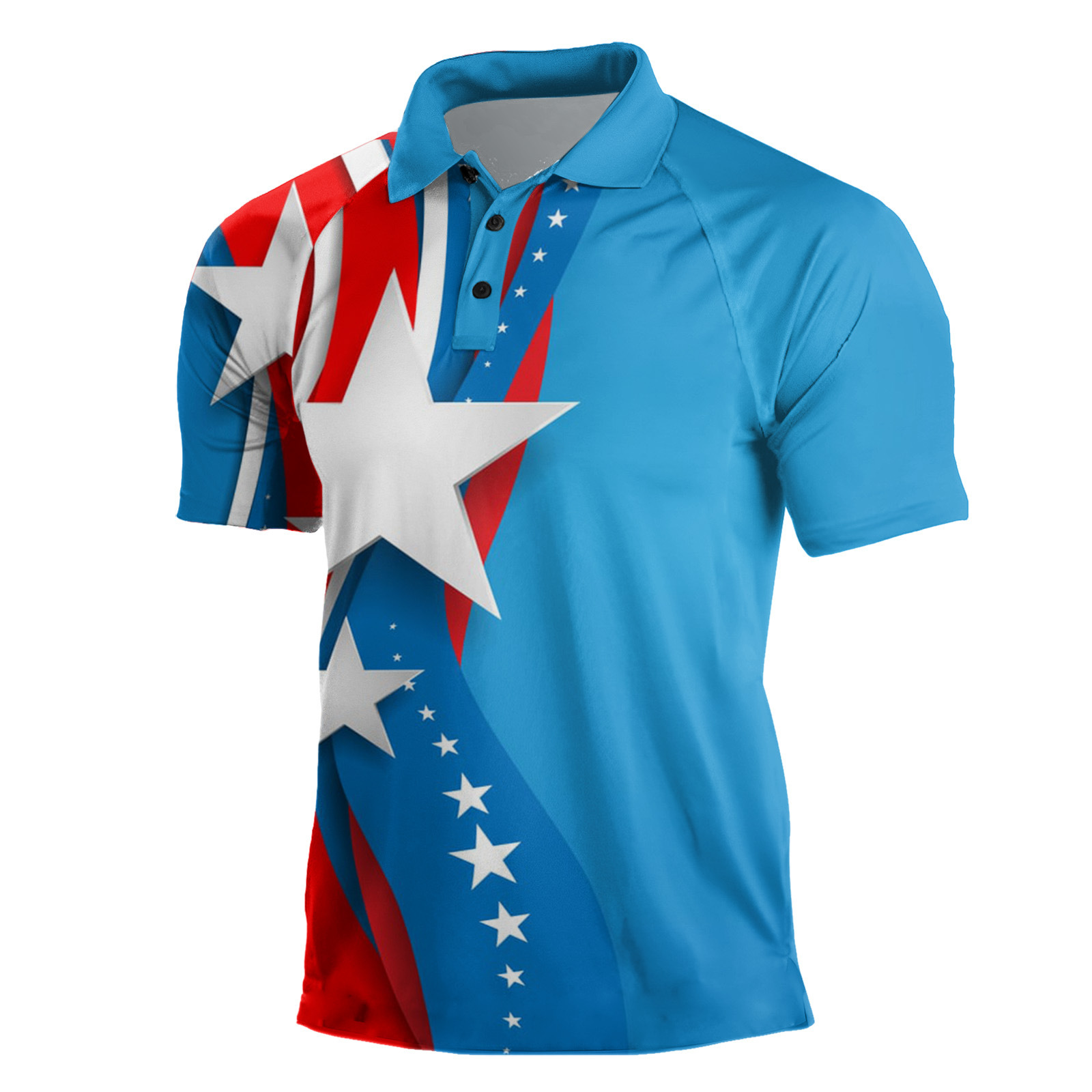 Cross-border Europa y América 2023 nuevos hombres casuales de manga corta Henry Independence Day Elements Camisa POLO raglán de tres botones para hombres