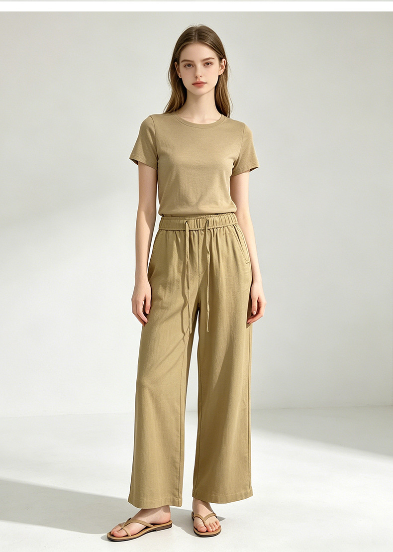 Quần culottes nữ ống rộng cạp cao vải lanh phối sợi tencel dáng suông ống thẳng — màu kaki chi tiết 17