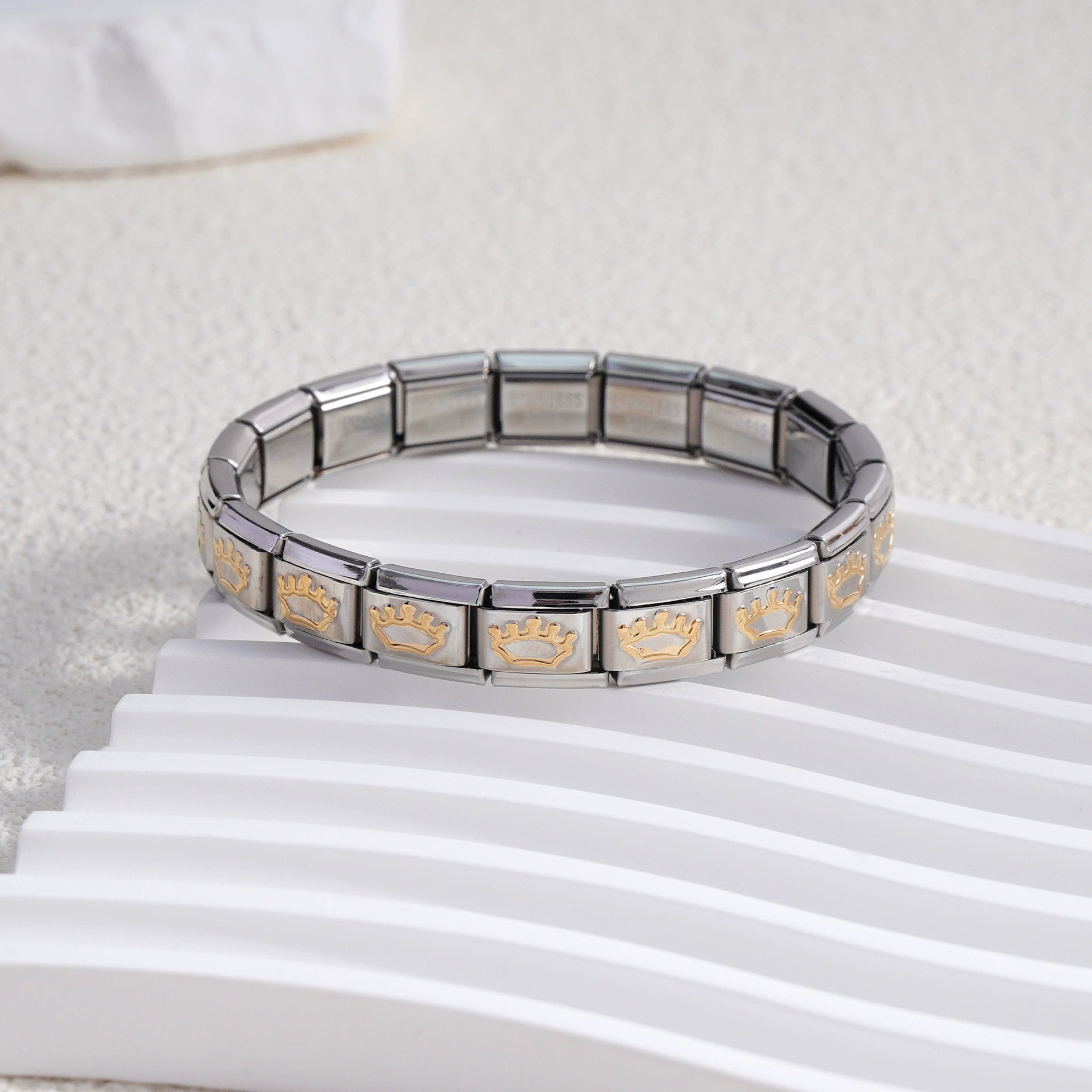 stainless steel bracelet, removable elastic link watch strap, italian european style, assorted charms