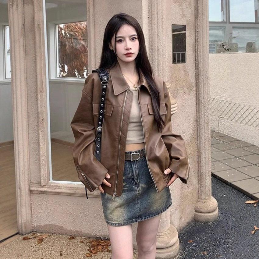 American Retro Brown Motorcycle Pu Leather Jacket for Women in Early Autum, Loose, High-End and Super Nice Leather Cardigan Jacket