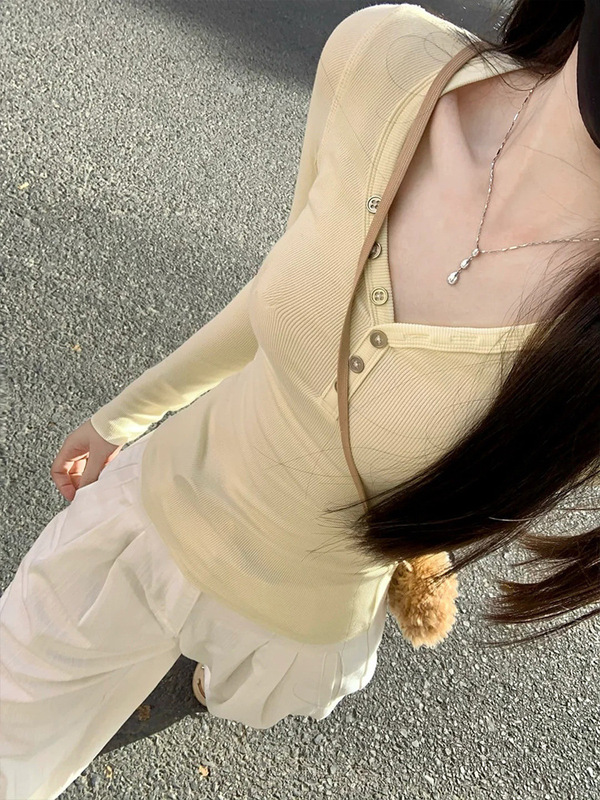 美式甜辣V领设计感小众长袖T恤女秋季新款小个子正肩修身显瘦上衣|undefined