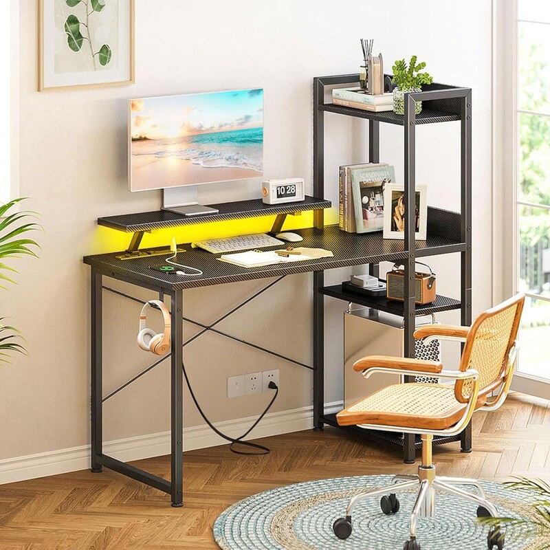 Modern minimalist with USB charging port and LED light, computer desk with storage rack home office