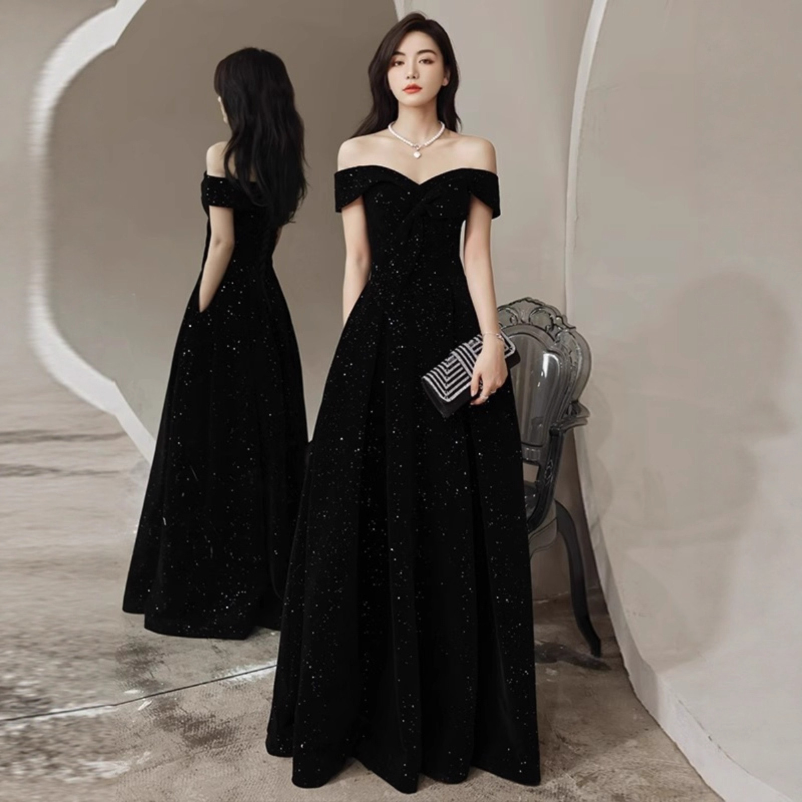 Black Off-Shoulder Evening Dress 2026 New Style Shiny Sequin Annual Party Prom Host Adult Dress for Women