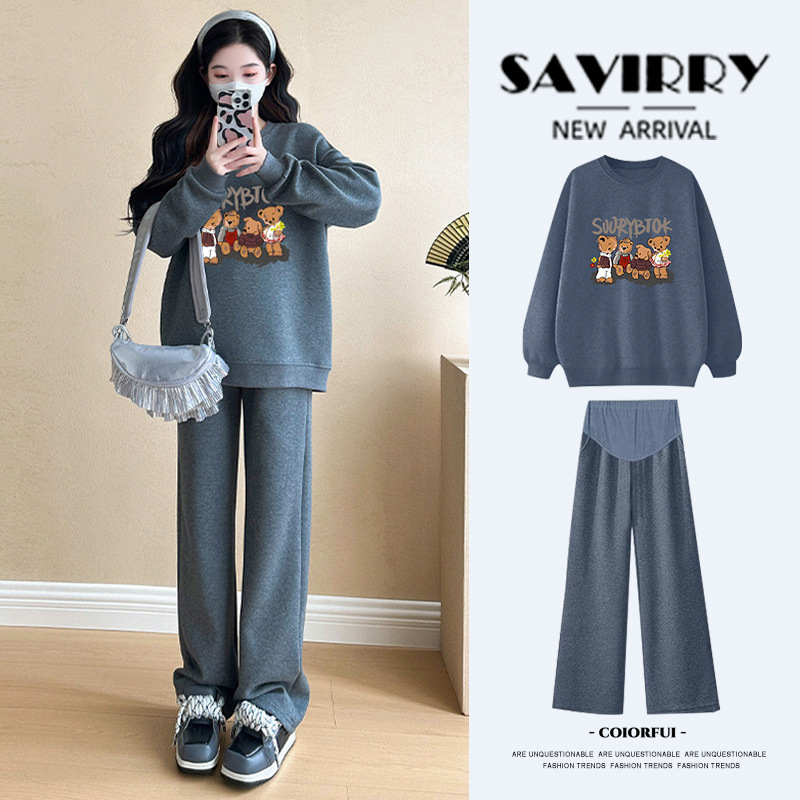 Maternity Wear Autum Sweatshirt Suit Trendy Mom New Korean Style Fashionable Loose Cartoon Print Long-Sleeved Two-Piece Set Maternity Wear Autum Sweatshirt Suit Trendy Mom New Korean Style Fashionable Loose Cartoon Print Long-Sleeved Two-Piece Set