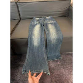 闪电纹牛仔裤男女同款潮牌美式水洗直筒裤窄版修身微喇裤显瘦百搭
