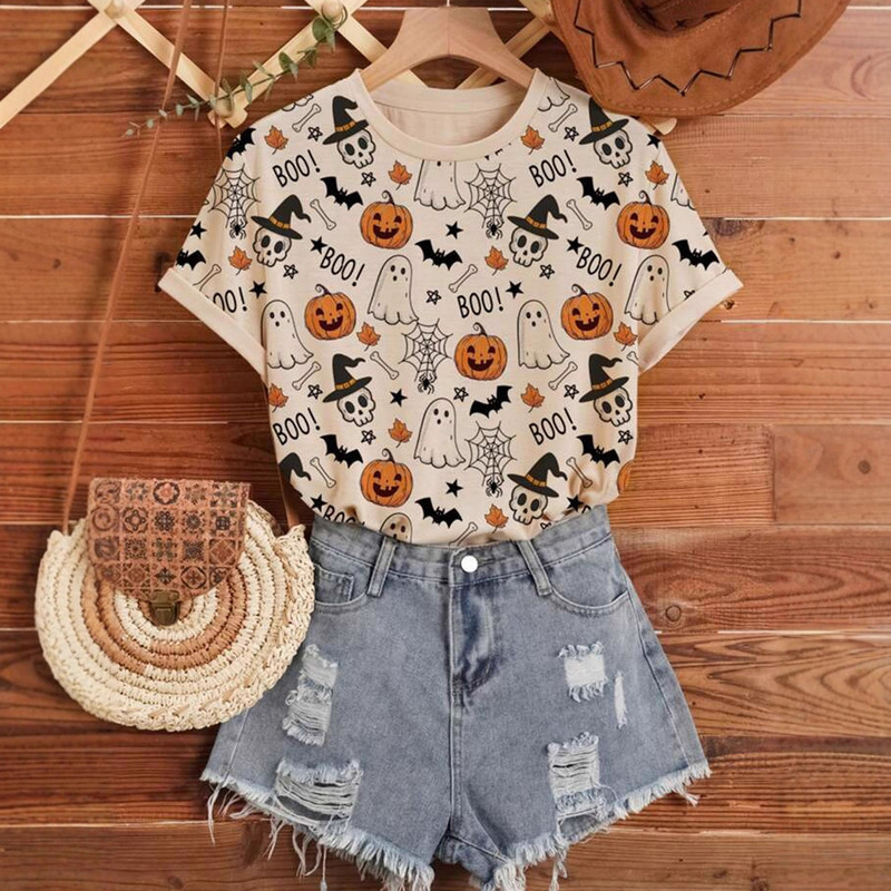 Bat, Pumpkin, and Ghost All-Over Irregular Print T-Shirt Cross-Border Hot-Selling Round Neck Short-Sleeved Fun Women's Top