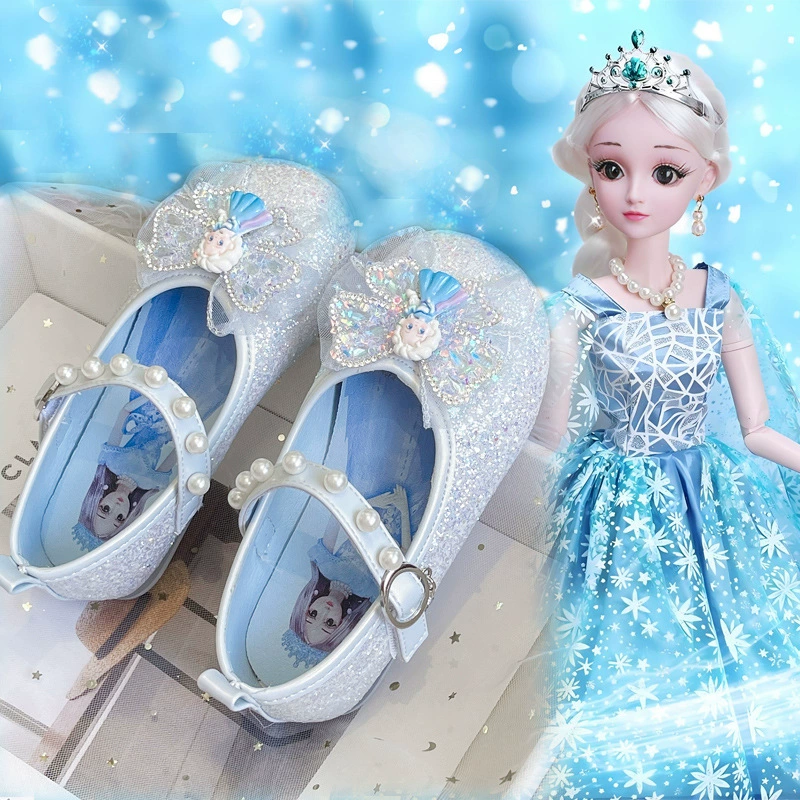 Кожаные туфли для девочек 2025 Новый стиль Принцесса Айша обувь маленькая девочка мягкая подошва хрустальные туфли для детей жемчужное платье одиночные туфли