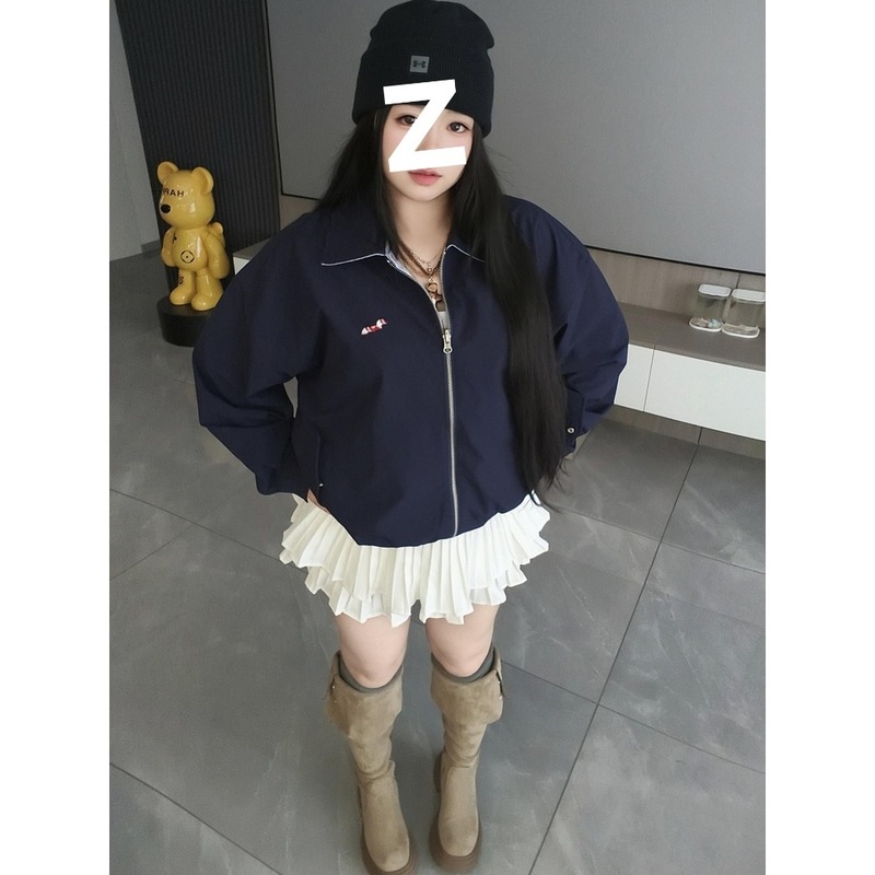 美式复古格纹风翻领情侣秋季双面穿外套女2025新款韩版宽松夹克潮|undefined