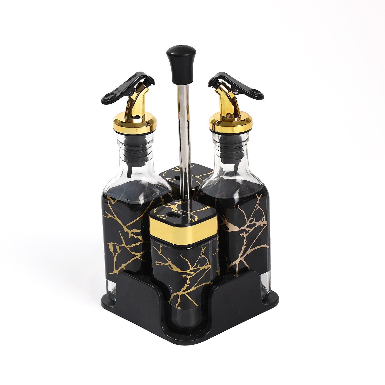 Juego de cuatro piezas de olla de aceite, botella de condimento negro, juego de caja de condimento de cocina de vidrio, pimienta doméstica, botella de sal, olla de aceite sellada