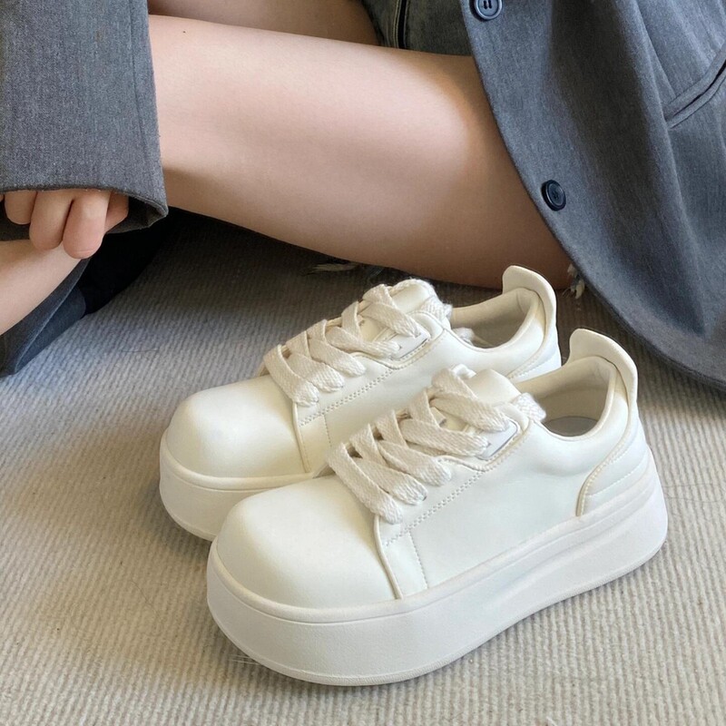 Gu Qianqian's same style mango-toe white sneakers, versatile thick-soled height-increasing casual shoes, lace-up large-toe sneakers for women