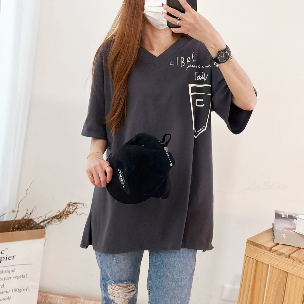 Japanese and Korean Style Casual Lazy V-neck Short-sleeved T-shirt Women's Summer New Loose Large Size Korean Style Split Cotton Top